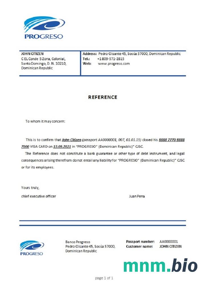 Przykład odniesienia zamknięcia Dominicia Banco Progreso w formatach Word i PDF